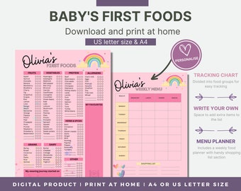 Baby Food Tracker Printable, Personalised Food Diary, Baby’s First Foods, Meal Planner, 100 foods before 1, Baby led weaning checklist