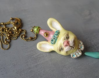 Colgante de conejo de cerámica hecho a mano, joyería artesanal