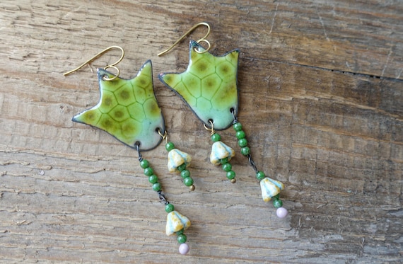 Green Handmade Enamel Earrings with Natural Pearls – Artistic Copper Statement Earrings – Unique Feminine Jewelry Gift
