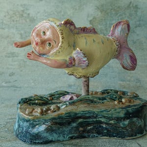 Ceramic Mermaid sculpture Handmade. Ceramic Fish, Handmade Decorative Mermaid on a  stand
