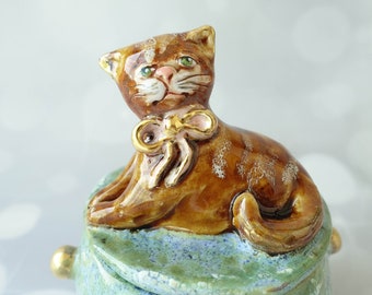 Cat Ceramic Box for jewelry.Ceramic ART sculpture