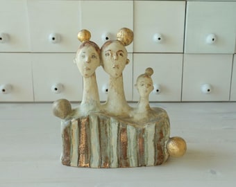 Handmade Ceramic “Faces” Sculpture – Stoneware Art with Real Gold, Pastel Home Decor,  Figurative Pottery