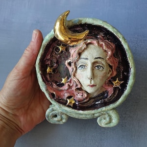 Handmade Ceramic Wall Sculpture – Girl with the Moon | High-Fired Stoneware Wall Art