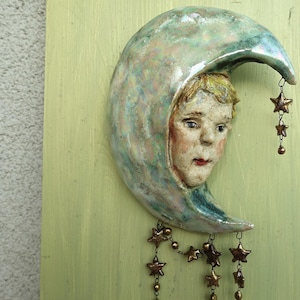 Handmade Ceramic Moon Wall Hanging with Face and Hanging Stars – Stoneware Celestial Wall Art – One of a Kind