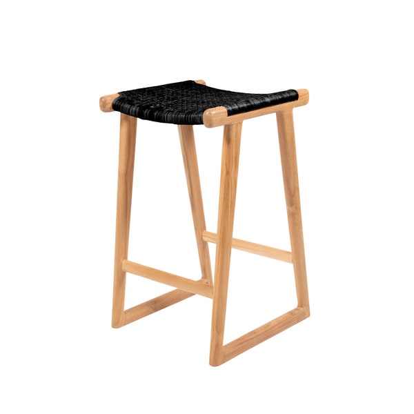 Rattan and Teak Counter Height Stool, Black Rattan Counter Stool, Handmade Teak and Black Rattan Stool, Rattan Counter Height Stool