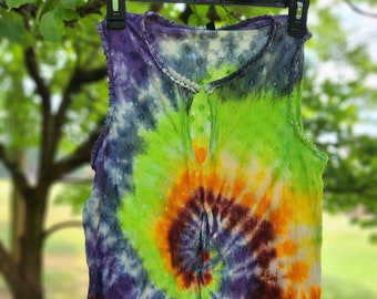 Camiseta sin mangas con efecto tie dye en espiral arcoíris, talla mediana, para mujer