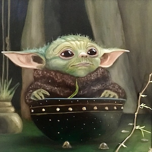 Grogu Gets A Meal- original oil painting Grogu Mandalorian Star Wars fan art gift