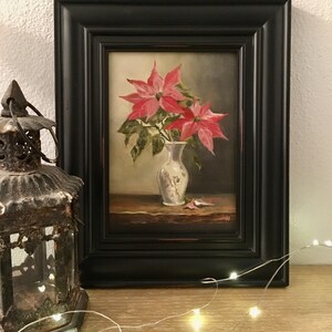 Poinsettia In The Light, Christmas Holiday Still Life Painting, red flowers, 5x7&quot; original oil painting