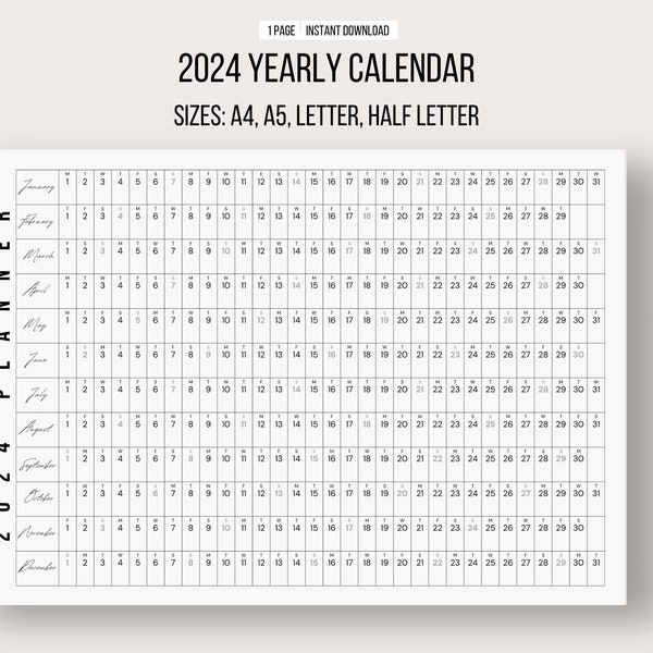 2024 Calendar Printable, 4 version bundle, Yearly Wall Calendar, Desk Calendar, Minimalist Calendar, Instant Download, One Page Calendar