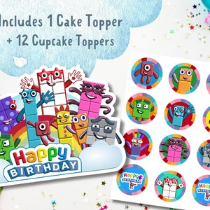 Numberblocks Cake Topper + 12 Cupcake Toppers - Digital Print - Numberblocks Happy Birthday - Printable Cake Topper - PNG - PDF