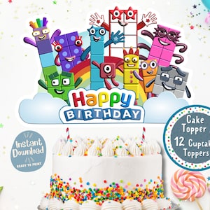 Numberblocks Cake Topper + 12 Cupcake Toppers - Digital Print - Numberblocks Happy Birthday - Printable Cake Topper - PNG - PDF