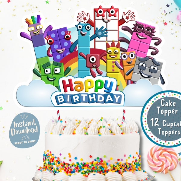Numberblocks Cake Topper + 12 Cupcake Toppers - Digital Print - Numberblocks Happy Birthday - Printable Cake Topper - PNG - PDF