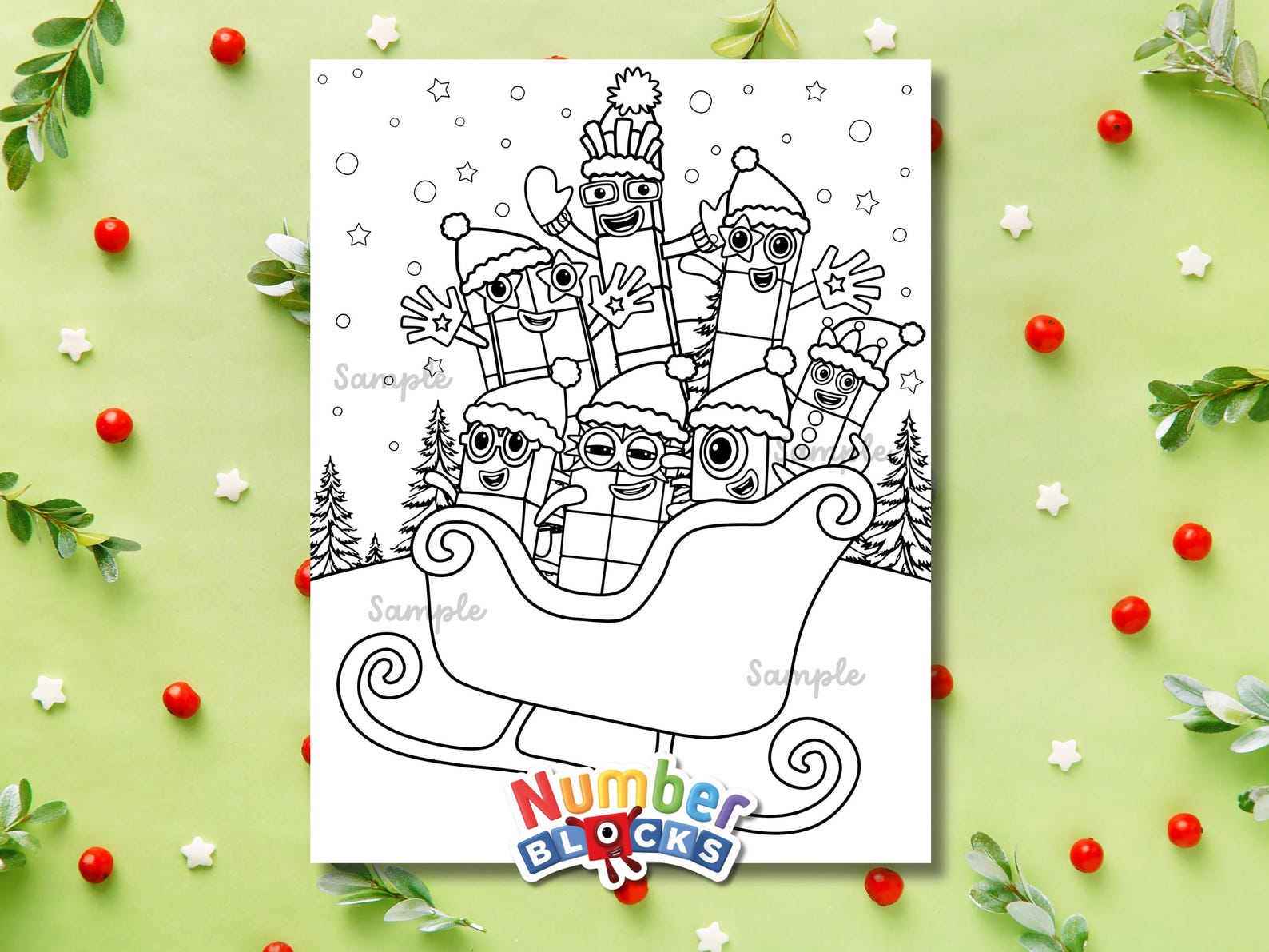 Numberblocks Christmas Colouring Page Digital Printable Winter Sleigh ...