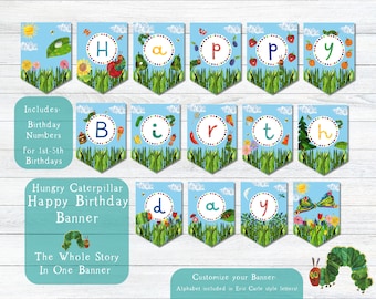 Very Hungry Caterpillar Printable Birthday Banner Package - Alphabet + Age Number | Digital Download