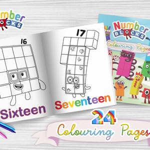 May include: A coloring book featuring characters from the children's show Numberblocks. The cover shows a group of colorful characters with the text "Numberblocks Coloring Pages". The inside pages show black and white illustrations of the characters Sixteen and Seventeen, with the numbers and names written below.