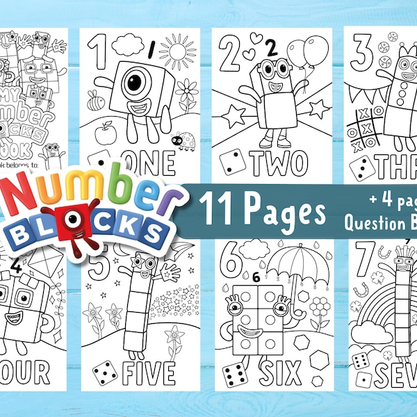 Numberblocks Colouring Book - Digital Printable - 11 Pages + 4 Pages of Interactive Questions - Numberblocks 1 to 10 Coloring Book