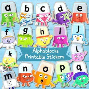 Pode incluir: Autocolantes imprimíveis Alphablocks coloridos com as letras de A a Q. Cada letra é uma personagem única com expressões e designs expressivos. O texto 'Alphablocks Printable Stickers' também é visível.
