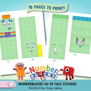 Numberblocks 40-59 Face Stickers: 2cm Cube Math Blocks (Digital Download)