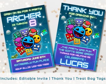 Editable Geometry Dash Birthday Invitation, Gaming Party Invite, Printable Birthday Invitation, Thank You Card & Treat Bag Tags
