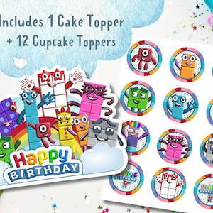 Numberblocks Cake Topper + 12 Cupcake Toppers - Digital Print - Numberblocks Happy Birthday - Printable Cake Topper - PNG - PDF