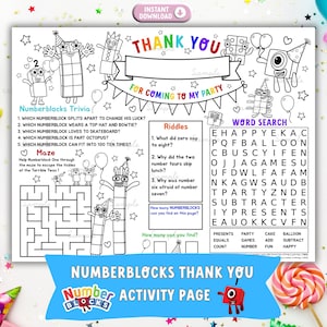 NUMBERBLOCKS Birthday Thank You - Numberblocks Party Favor - Numberblocks Loot Bag Printable - Instant Download - Numberblocks Colouring