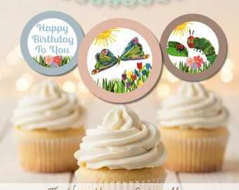 Hungry Caterpillar Cupcake Toppers Muted Tones: Birthday Party Decor (Printable PDF)