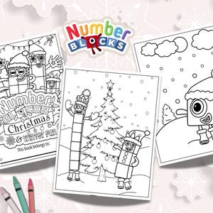 May include: Three Number Blocks Christmas and winter fun coloring books. The books feature line drawings of the Number Blocks characters in winter scenes, with text that reads "Number Blocks Christmas & winter fun".