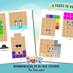 Conjunto de adesivos digitais NUMBERBLOCKS, conjunto 2 - Números 21 - 39 - Numberblocks, adesivos de bloco de matemática de cubo de 2 cm - 8 páginas digitais para impressão