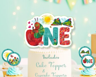 Very Hungry Caterpillar First Birthday Cake Topper + Cupcake Toppers (Printable PDF | PNG)
