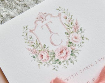 Blush Pink Watercolor Crest Wedding Invitation with Envelope, Custom Monogram, 100% Cotton Paper, Hand Torn Deckled Edge Paper