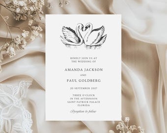 Printed Swan Wedding Invitations, Elegant 5x7 Invite with Delicate Illustration, Romantic Fine Art Wedding Stationery, Personalised Suite