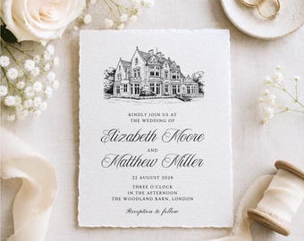 Deckled Edge Wedding Invitation with Venue Sketch, Handmade Paper, Hand Torn Watercolor Paper, Custom Wedding Invitation, Envelope Liner