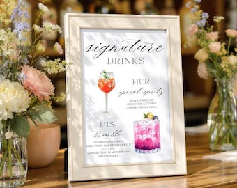 Printed Signature Drink Coctail, His and Her Drink Wedding Sign, Custom Signature Drink, Bar Menu Template, Wedding Bar Coctail Menu