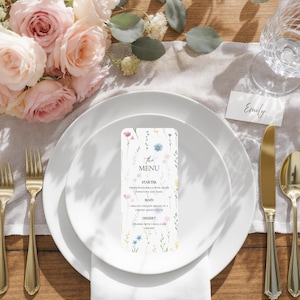 Wildflower Wedding Menu, Printed Botanical Menu, Garden Party Menu, Boho Flowers Wedding Breakfast Menu Card, Table Setting, Event Menu