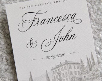 Custom Venue Save the Date or Wedding Invitation: Personalised 5x7 Textured Card with Venue Illustration