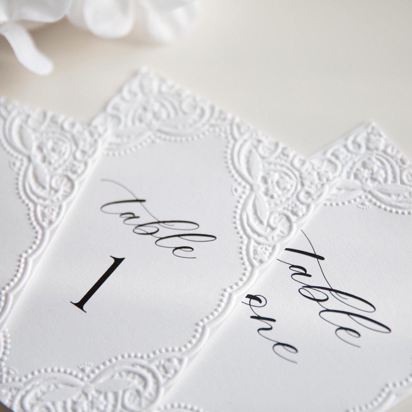 Embossed Lace Table Numbers, A6 Wedding Table Cards, Luxury Elegant ...
