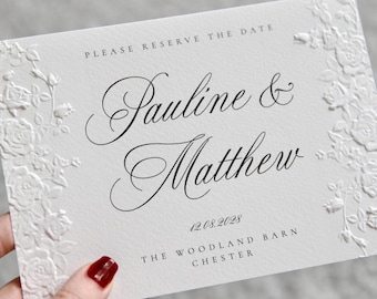 Embossed Save the Date Cards, Personalised Wedding Announcement, Premium Textured Card, Floral Rose Luxury Wedding Stationery