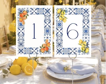 Mediterranean Wedding Table Card Numbers – Italian Blue Tile Table Cards with Lemons & Oranges, Tuscan, Greek, Amalfi, Italian Wedding Decor