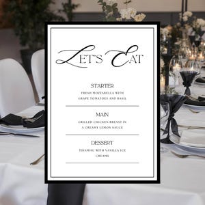 Elegant Minimalist Printed Wedding Menu, Wedding Menu Cards, Black and White, Burgundy Menu, Simple Wedding Menu, Minimalist Table Setting