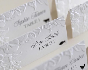 Embossed Wedding Place Cards, Folded Menu Place Cards with Table Number, Elegant Personalised Wedding Name Cards, Fine Art Reception Decor