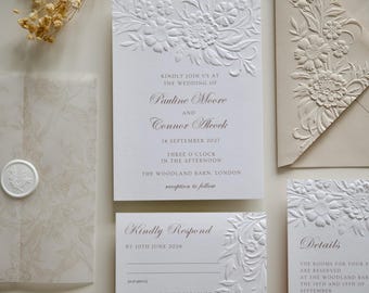Wild Flowers Embossed Wedding Invitation, Custom Color Paper Invite with Envelope, Build Your Own Invitation Suite, Garden Wedding Invite
