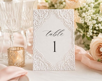 Embossed Lace Table Numbers, A6 Wedding Table Cards, Luxury Elegant Wedding Stationery, Modern Minimalist Table Numbers, Lace Embossing