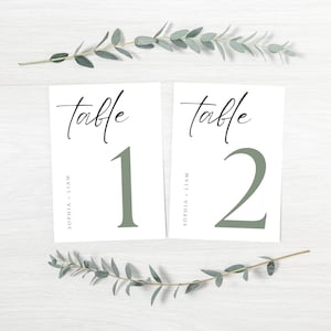 Tarjeta de mesa de boda verde salvia, número de mesa de boda botánico, tarjetas de números de mesa de boda minimalistas delicadas, decoración de asientos de boda