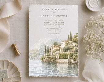 Save the Date with Watercolor Venue, Wedding Invitation, Custom Venue Illustration, 300gsm Watercolor Paper, Deckled Edge Hand Torn Paper