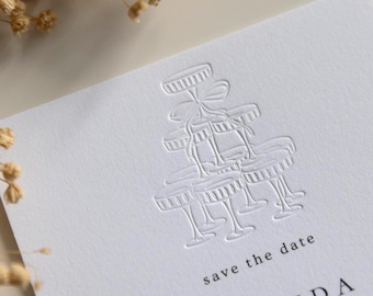 Custom Save the Date Card, Champagne Tower Design, Blind Letterpress, Fully Personalised Luxury Cotton Paper, Wedding Stationery