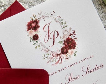 Burgundy Watercolor Crest Wedding Invitation with Envelope, Custom Monogram, 100% Cotton Paper, Hand Torn Deckled Edge Paper