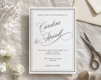 Old Money Wedding Invitation with Envelope, Personalised 5x7 Calligraphy Invite, Minimalist Black and White Wedding Stationery