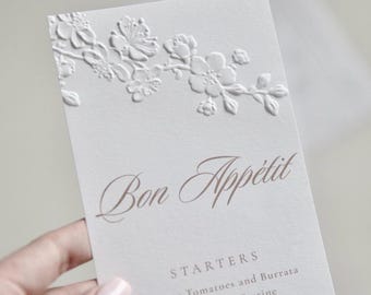 Personalised Embossed Wedding Menu, Luxury 100% Cotton Paper Reception Menu, Custom Dinner Menu Card