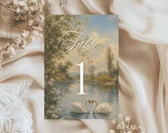 Vintage Wedding Table Numbers with Swans, 5x7 Romantic Garden Table Cards, Romantic Old Money Wedding Reception Decor