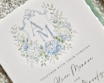 Blue Hydrangea Watercolor Crest Wedding Invitation with Envelope, Custom Monogram, 100% Cotton Paper, Hand Torn Deckled Edge Paper
